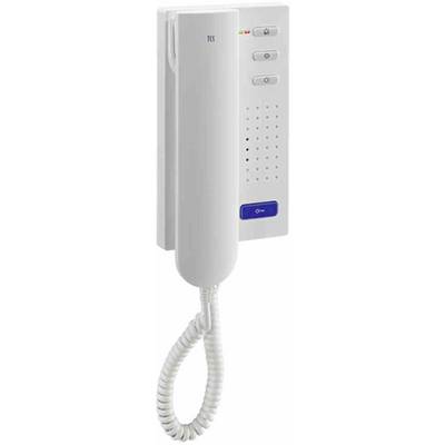 Ein weißes Haustelefon mit Hörer, Kabel und Tasten zur elektronischen Türkommunikation.