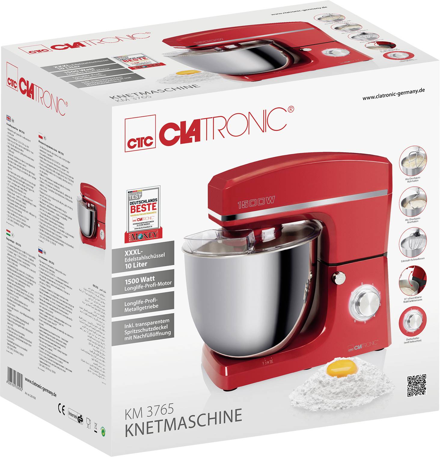 Rote Küchenmaschine auf Produktverpackung, Modell 'Clatronic KM 3765', 10-Liter Schüssel, 1500-Watt-Motor, geeignet für Teigzubereitung.