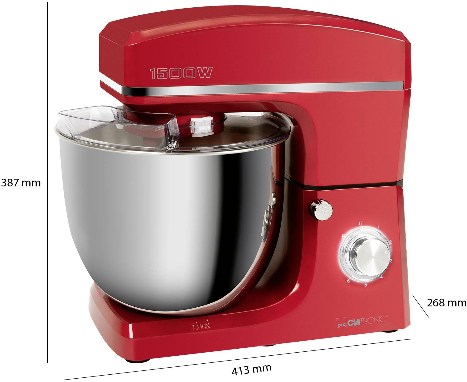 Rote Küchenmaschine mit Edelstahlschüssel, 1500 W Leistung. Maße: 387 mm Höhe, 413 mm Breite, 268 mm Tiefe.