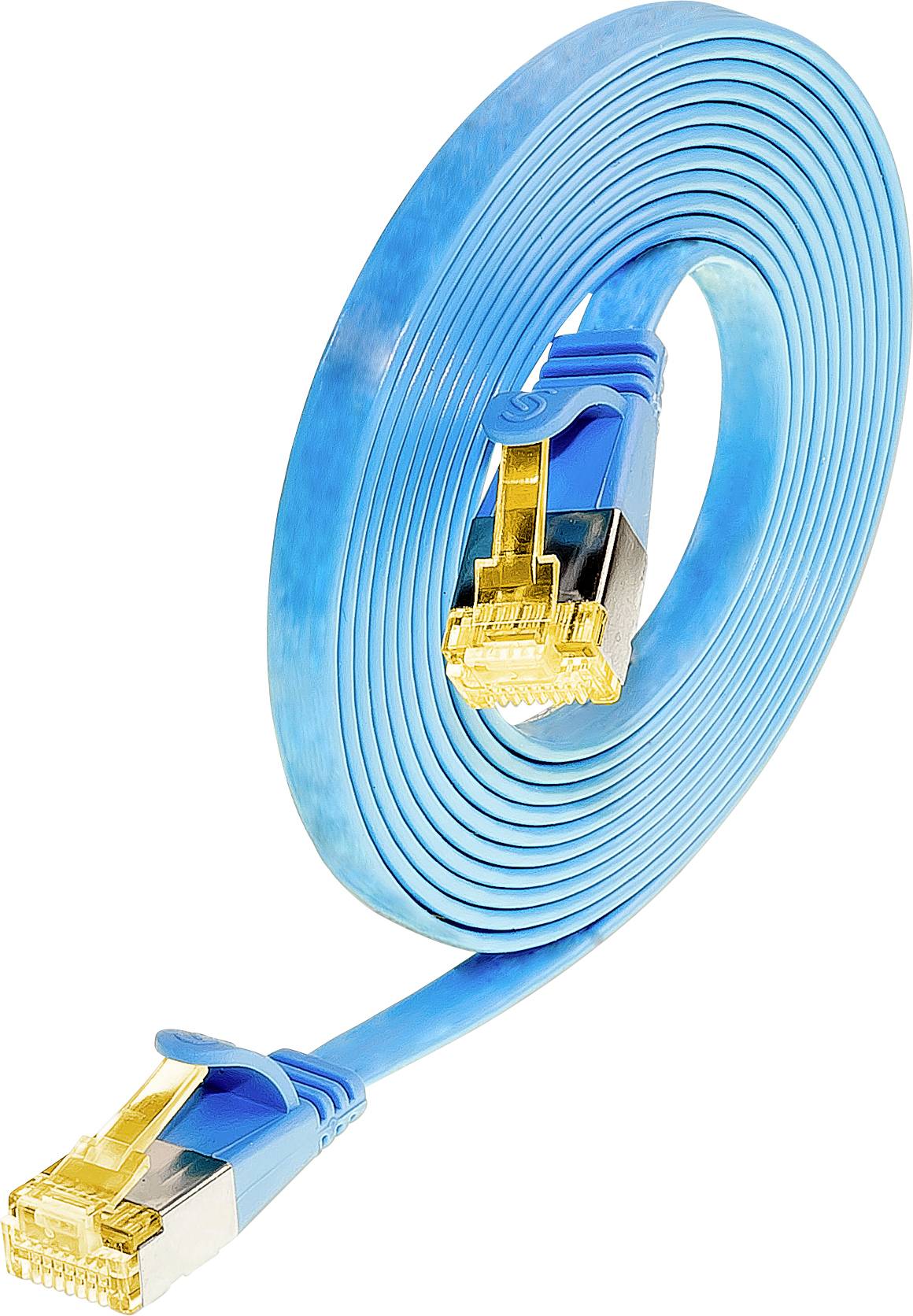 Blaues, flaches Ethernet-Kabel mit goldenen Steckern, das meist für Netzwerkverbindungen verwendet wird.