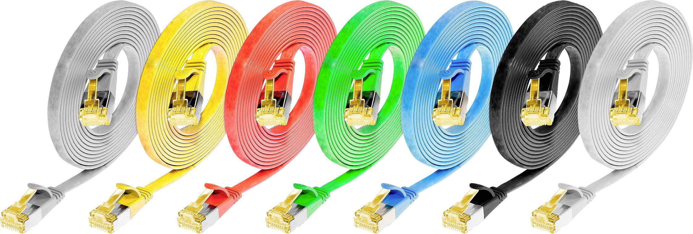 Sieben Ethernet-Flachkabel in verschiedenen Farben (Grau, Gelb, Rot, Grün, Blau, Schwarz) mit vergoldeten Steckern nebeneinander.
