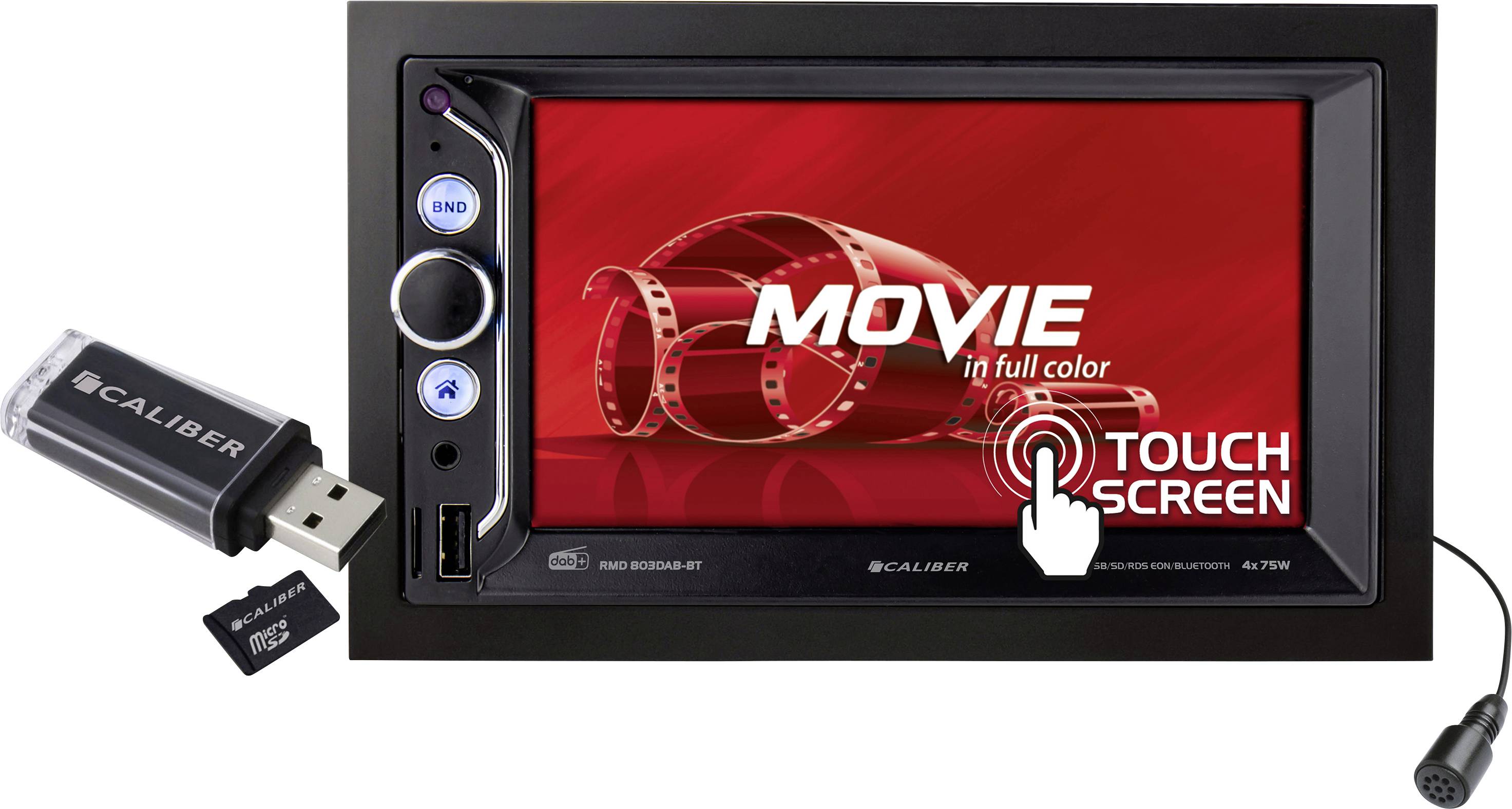 Ein Autoradio mit Touchscreen zeigt den Text 'MOVIE in full color' und 'TOUCH SCREEN'. Es enthält einen USB-Anschluss und eine Speicherkarte.