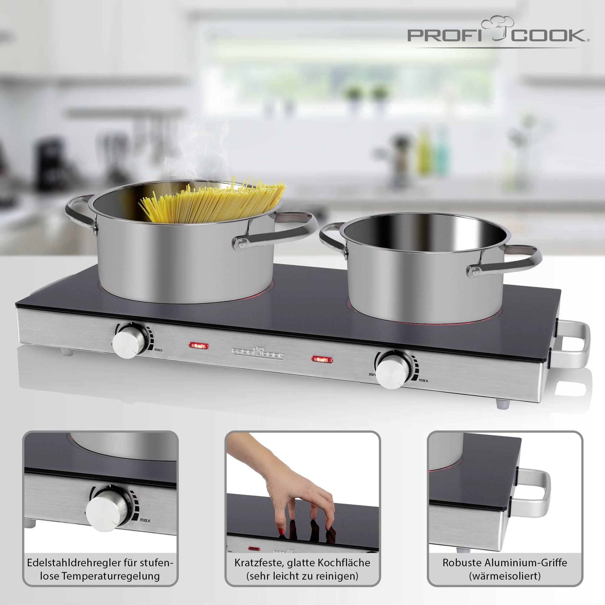 Doppelkochplatte mit zwei Töpfen, eine mit langen Spaghetti. Darstellung der Eigenschaften: Temperaturregelung, kratzfeste Oberfläche, robuste Griffe.