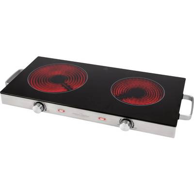 Zwei rot leuchtende Kochplatten auf einem tragbaren Elektroherd mit silbernen Griffen und Bedienknöpfen an der Vorderseite.