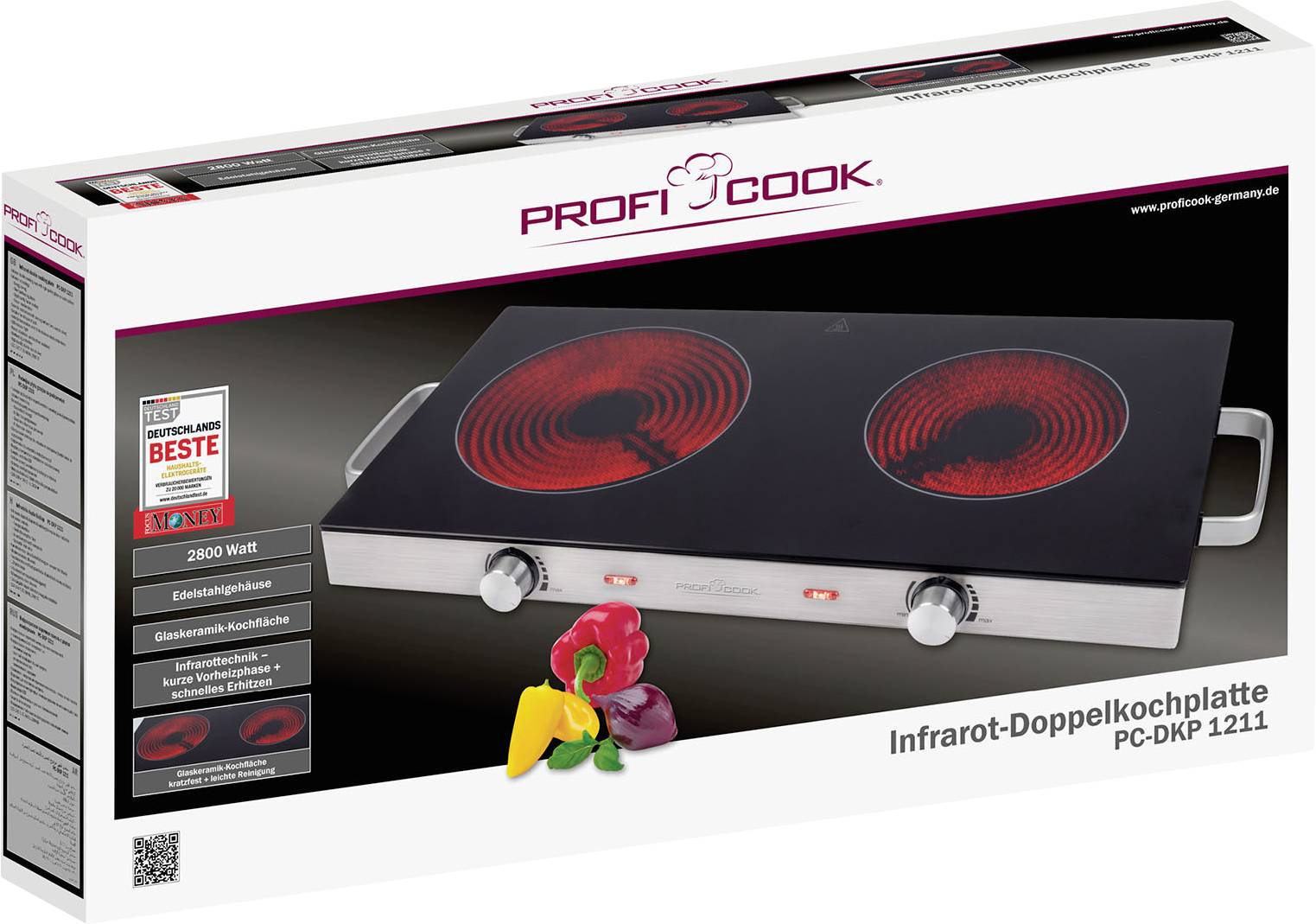 'Profi Cook Infrarot-Doppelkochplatte PC-DKP 1211' Verpackung zeigt zwei rote Kochplatten und Auszeichnungen für hohe Qualität.
