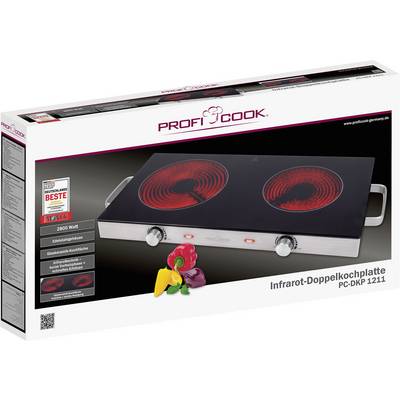 'Profi Cook Infrarot-Doppelkochplatte PC-DKP 1211' Verpackung zeigt zwei rote Kochplatten und Auszeichnungen für hohe Qualität.