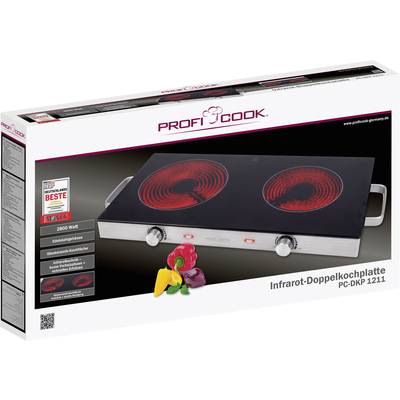 Infrarot-Doppelkochplatte mit zwei Herdplatten. Verpackung zeigt das Modell PC-DKP 1211 von Profi Cook und beworbene Auszeichnungen.