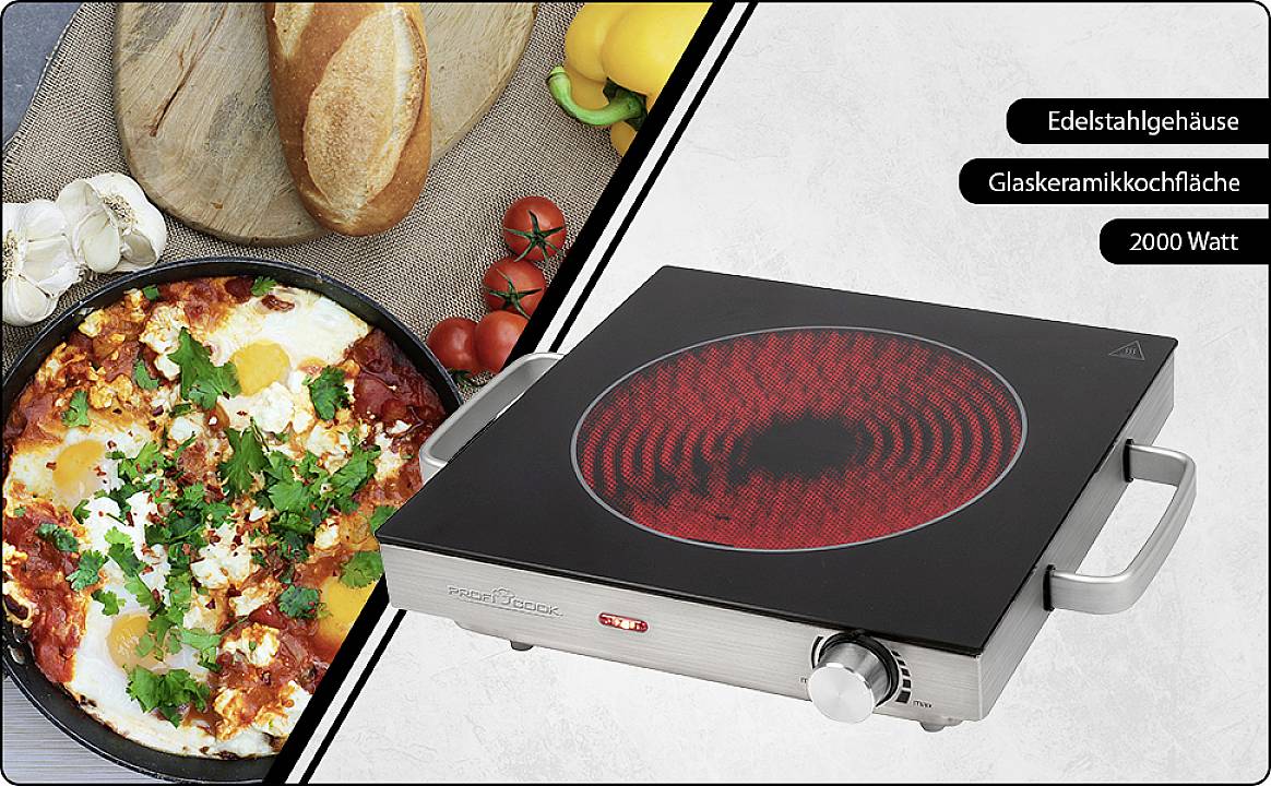 'Kochplatte mit Glaskeramikoberfläche und Edelstahlgehäuse, 2000 Watt. Daneben eine Pfanne mit einem Gericht aus Tomaten und Kräutern.'