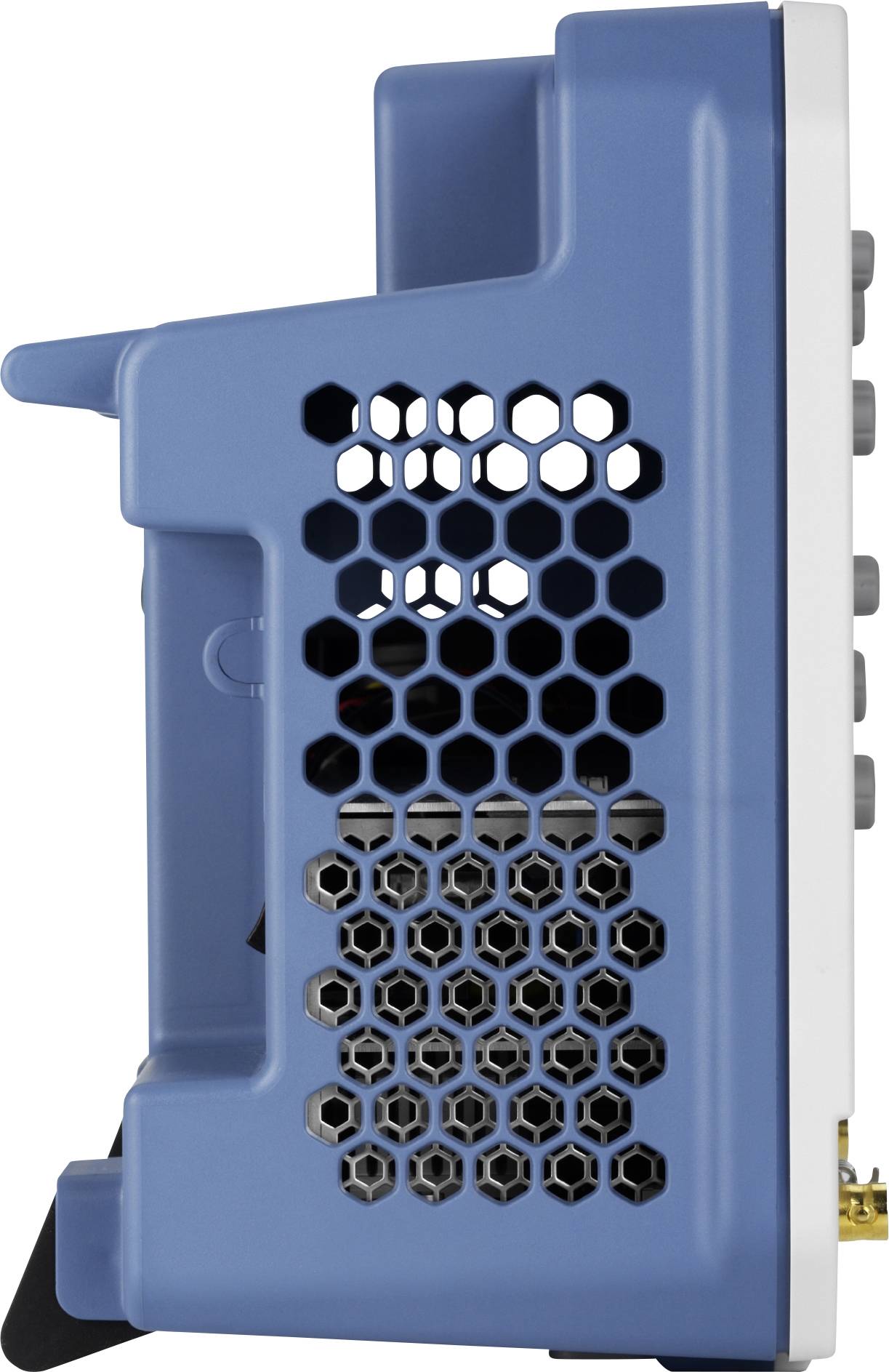 Seitenansicht eines blauen elektronischen Geräts mit Lüftungsgittern.