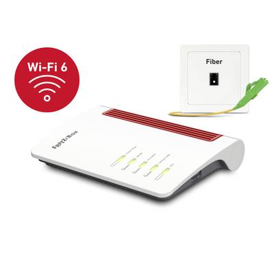 WLAN-Router mit Wi-Fi 6 Logo, verbunden mit einem Glasfaseranschluss. Vorderseite zeigt Kontrollleuchten und ein Ethernet-Kabel.