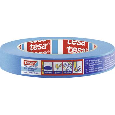 Blaue Klebebandrolle der Marke 'tesa' für den Außenbereich, 50m x 19mm. Geeignet für alle Farben, 26 Wochen UV-beständig.