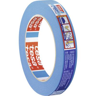 Blaues Malerband von 'tesa', geeignet für präzises Abkleben beim Streichen. Enthält Symbole zur korrekten Anwendung auf der Verpackung.