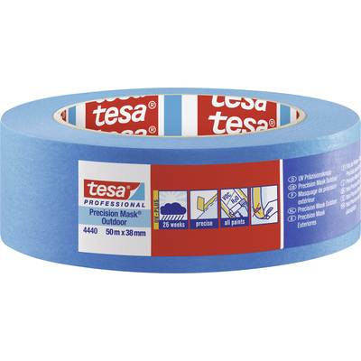 Blaues Malerkreppband der Marke tesa, 50 m x 38 mm, für den Außenbereich, langlebig bis zu 26 Wochen, geeignet für alle Farbtöne.