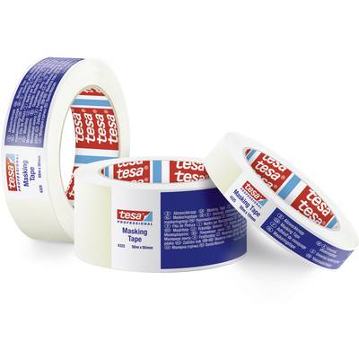 Drei Rollen Malerkreppband der Marke 'tesa', in verschiedenen Positionen. Die Etiketten zeigen verschiedene Sprachen.