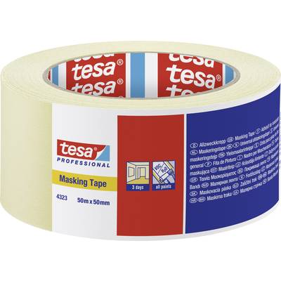 Eine Rolle beiges Malerkreppband der Marke 'tesa professional' mit den Maßen 50m x 50mm, ideal für Malerarbeiten.