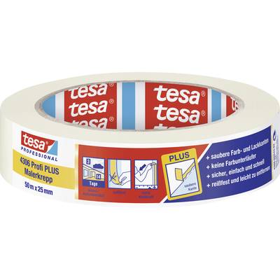 Abbildung eines Tesa Malerkreppbands, 50 m x 25 mm, beschrieben als 'sauber, sicher und einfach' für Farb- und Lackarbeiten.