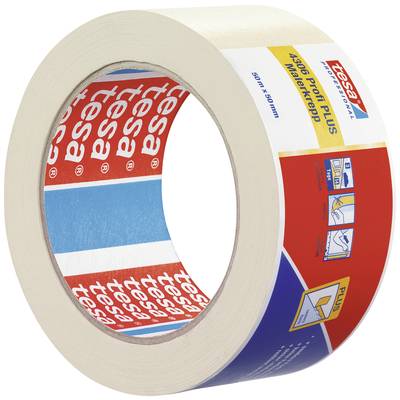 'Role of Tesa Malerkrepp 4365, 50 mm x 50 m. Für Abklebearbeiten. Rote Verpackung mit Anweisungen und Symbolen.'