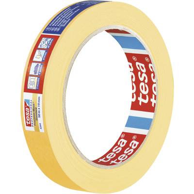 Eine Rolle gelbes Klebeband der Marke Tesa mit roten und blauen Etiketten, genutzt für Maler- und Abdeckarbeiten.