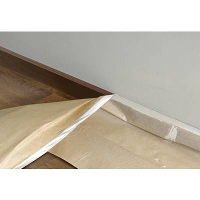 Ein Teil von einem Bodenbelag wird verlegt. Ein braunes Unterlegpapier liegt auf dem Boden, teilweise zurückgeschlagen.