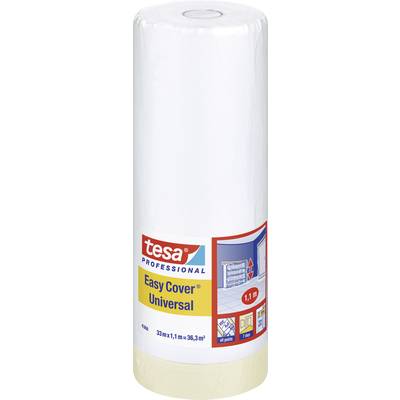 Rolle Tesa Easy Cover Universal: 1,1 m x 33 m, ergibt 36,3 m². Abgebildet ist Anwendung für Fenster- und Kantenschutz beim Streichen.