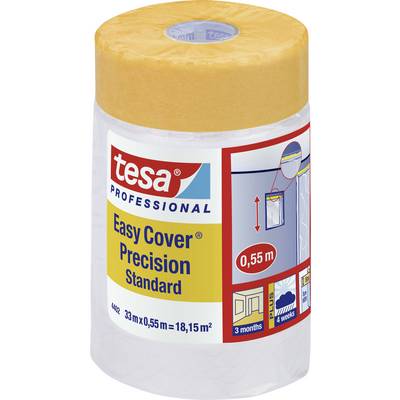 Verpackung einer 'tesa Easy Cover Precision Standard' Abdeckfolie. Länge: 33 m, Breite: 0,55 m, Fläche: 18,15 m². Farbe: Orange und Transparent.