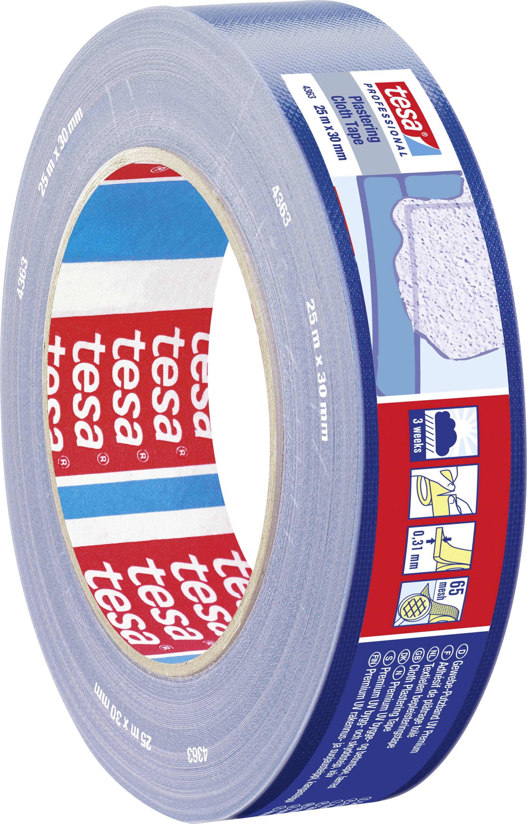 Blaues Gewebeband von Tesa mit wasserabweisender Beschichtung; geeignet für Innen- und Außenanwendungen. Länge: 25 m, Breite: 38 mm.