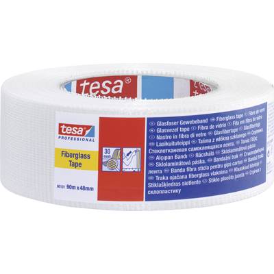 Rolle eines weißen Glasfaser-Gewebebandes von Tesa, 90m x 48mm, mit Produktbeschreibung und Logos auf der Verpackung.