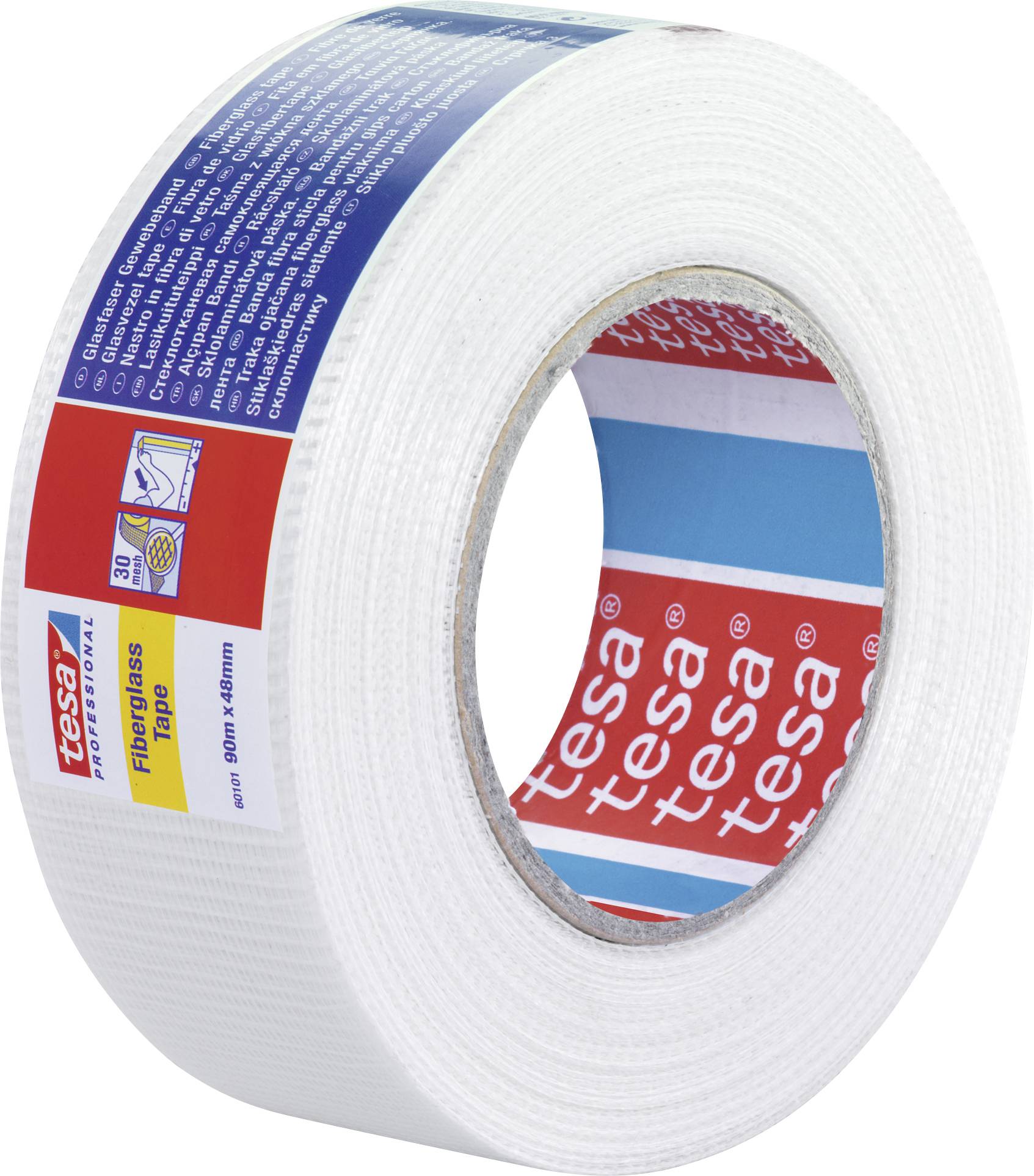 Rolle aus weißem Glasfaser-Klebeband der Marke 'tesa' mit Etikett in Rot, Blau und Gelb. Ideal für Reparaturen und Abdichtungen.