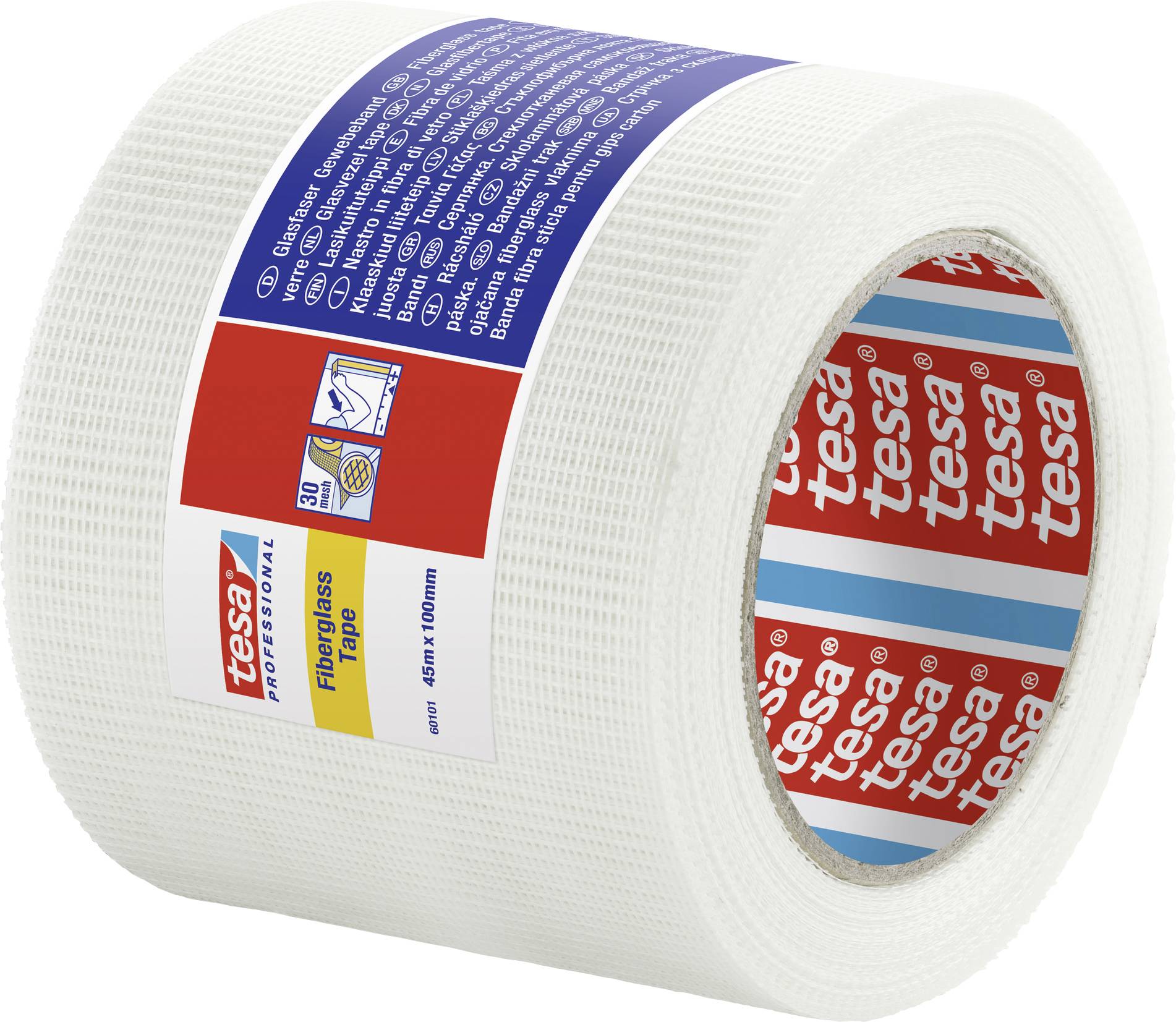 'Rolle aus weißem Glasfasergewebeband von Tesa, geeignet für Risse und Fugen. Maße: 45m x 48mm. Für Malerarbeiten und Gipskarton.'