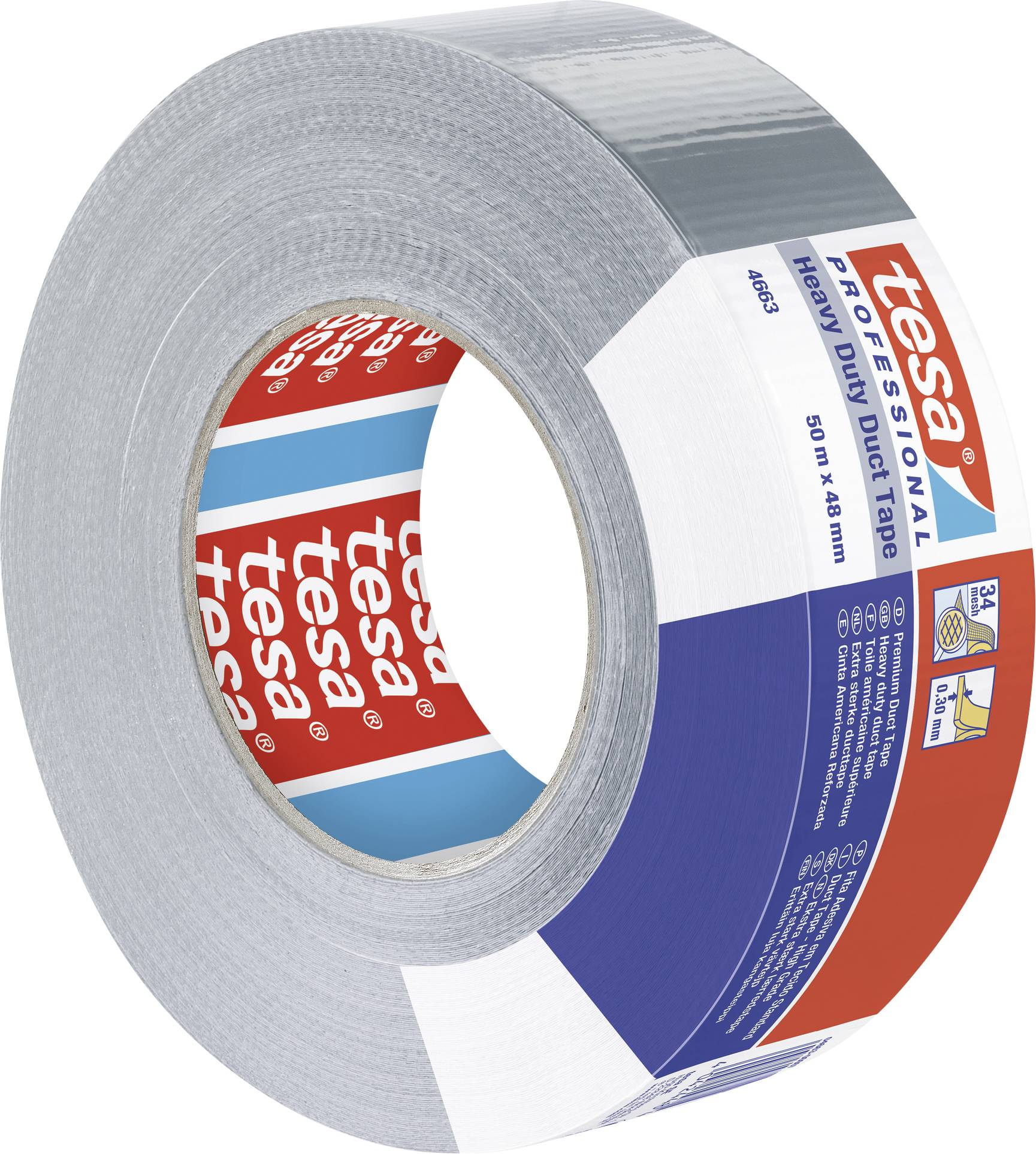 Silbernes Klebeband der Marke 'tesa Professional', Schwerlast-Duct-Tape, Rolle mit 48 mm Breite und 60 m Länge.