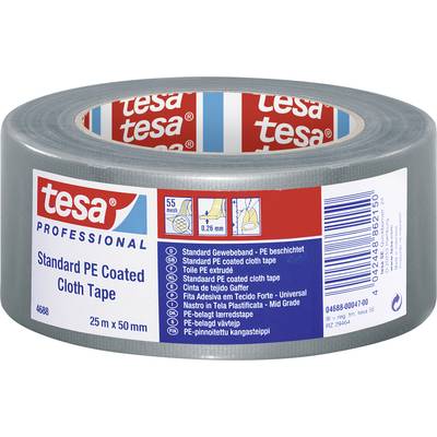 Eine Rolle graues Gewebeband der Marke Tesa. Auf dem Etikett steht: 'Standard PE Coated Cloth Tape', 25 m x 50 mm.