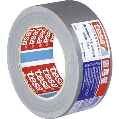 Eine Rolle graues Gewebeband der Marke Tesa, 25 m lang und 50 mm breit, geeignet für Reparaturarbeiten, auf der Verpackung abgebildet.