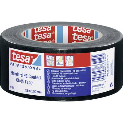 Schwarzes Gewebeklebeband von tesa, 55 Meter lang, 50 Millimeter breit. Etikett zeigt Produktdetails in mehreren Sprachen.