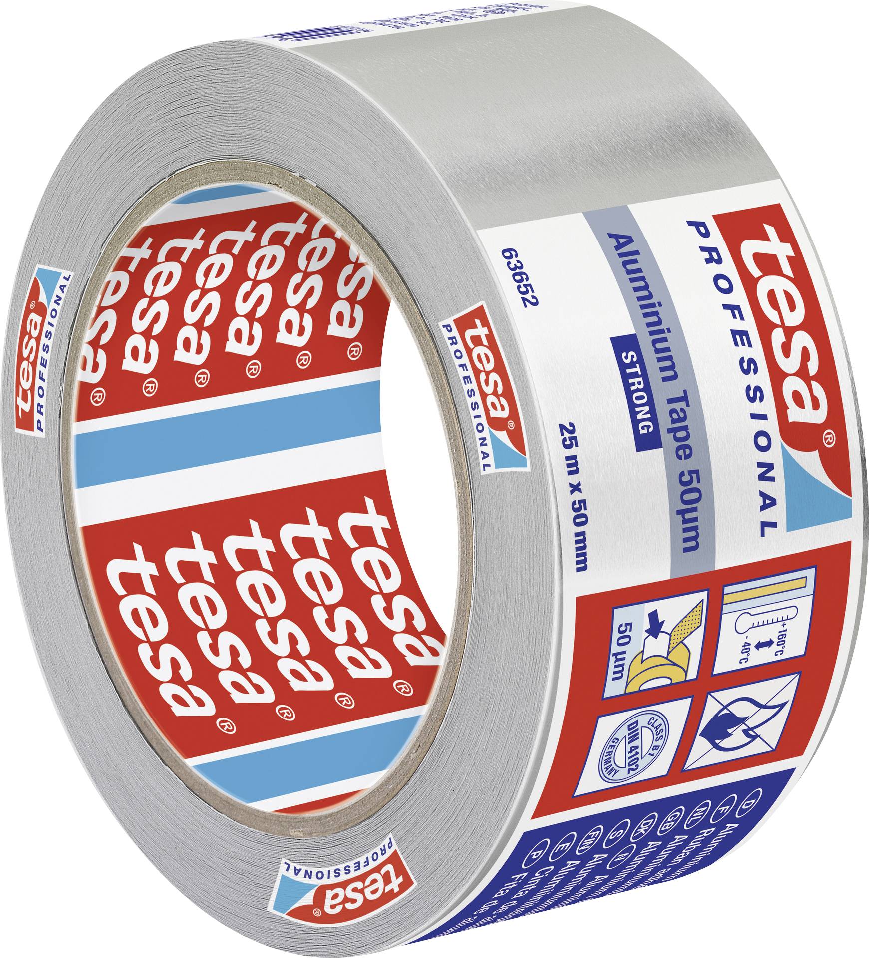 Eine Rolle tesa Aluminiumklebeband, 50 mm breit und 25 m lang, mit den Eigenschaften stark klebend, widerstandsfähig gegen Hitze und Alterung.