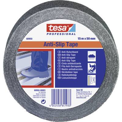 Runde Rolle eines grauen Anti-Rutschbands von tesa, geeignet für erhöhte Sicherheit auf glatten Flächen. Aufdruck zeigt Anwendung.