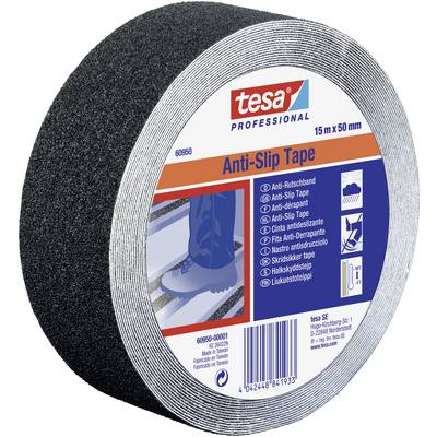 Graues Anti-Rutschband von Tesa, 15 m x 50 mm. Verpackung zeigt einen Schuh auf Treppe und verschiedene Sprachen für 'Anti-Rutschband'.