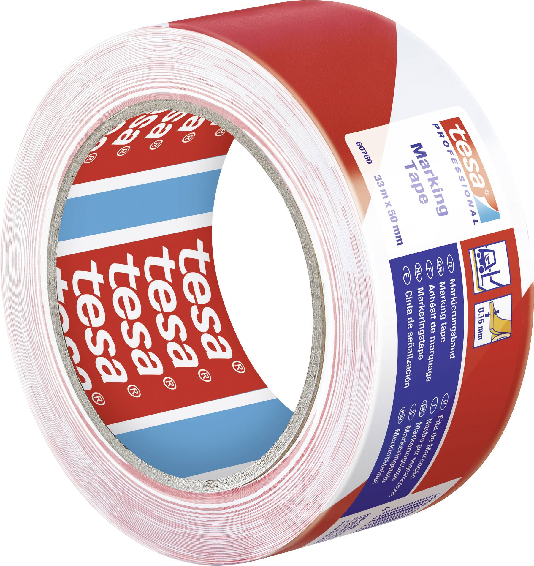 Ein rot-weißes Markierungsband der Marke Tesa, das für Sicherheits- und Abgrenzungszwecke verwendet wird.