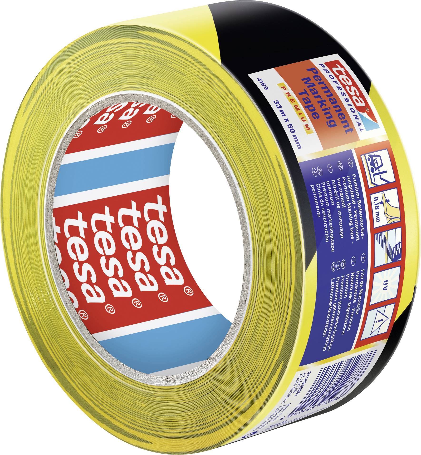 Rolle aus gelbem Klebeband mit schwarzem Streifen, Marke 'tesa'. Verpackung kennzeichnet Produkteigenschaften und Anwendungsbereiche.
