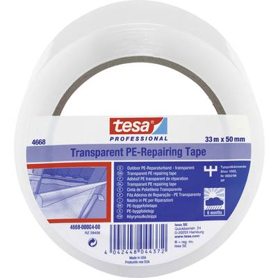 Rolle aus transparentem Reparaturklebeband von Tesa, 33 m x 50 mm. Verpackung zeigt Anwendungsbeispiele für PE-Oberflächen.