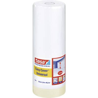 Rolle mit Abdeckfolie und Kreppband der Marke Tesa Professional, beschriftet mit 'Easy Cover Universal', geeignet für Flächen bis 46,2 m².