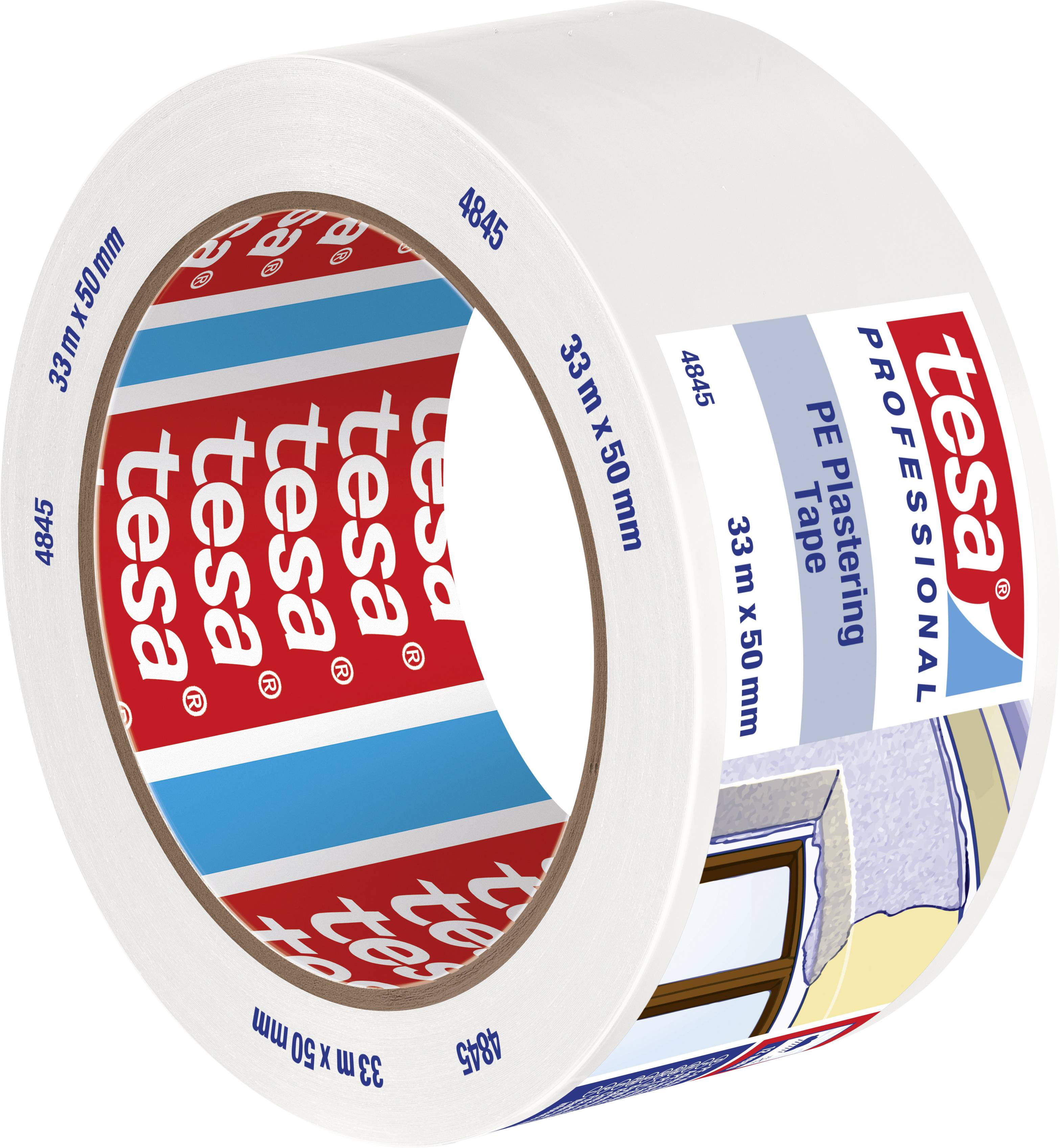 Eine Rolle weißes PE-Abdeckband der Marke 'tesa' mit den Maßen 33 m x 50 mm für professionelle Anwendungen. Verpackung zeigt Anwendung.
