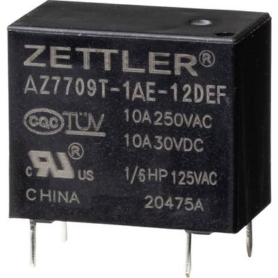 Schwarzes Relais mit Beschriftung 'Zettler AZ7709T-1AE-12DEF', elektrische Spezifikationen und Zertifizierungslogos auf der Oberfläche.