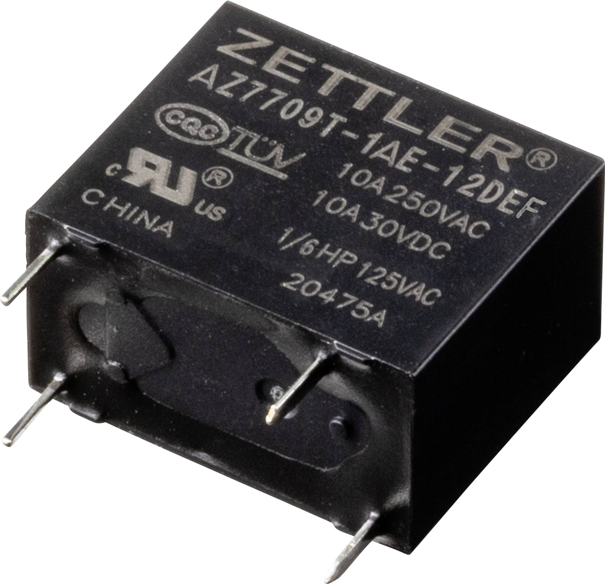Schwarzes elektromagnetisches Relais von Zettler mit Modellnummer AZ7710, geeignet für 10A 250VAC oder 10A 30VDC; zeigt Prüfsiegel.