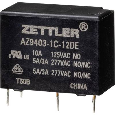 Ein schwarzes Relais mit Aufdruck 'Zettler AZ9403-1C-12DE', zeigt elektrische Spezifikationen: 10A, 125VAC, 5A/3A, 277VAC.