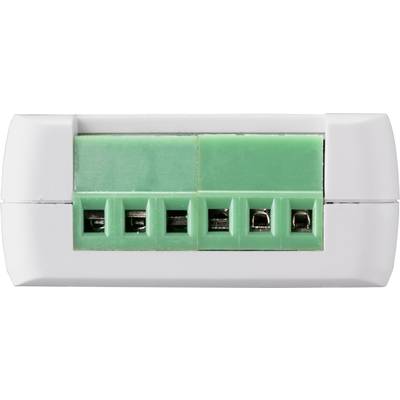 Ein weißes elektrisches Anschlussgerät mit grünen Schraubklemmen, geeignet für den Anschluss von vier Drähten.