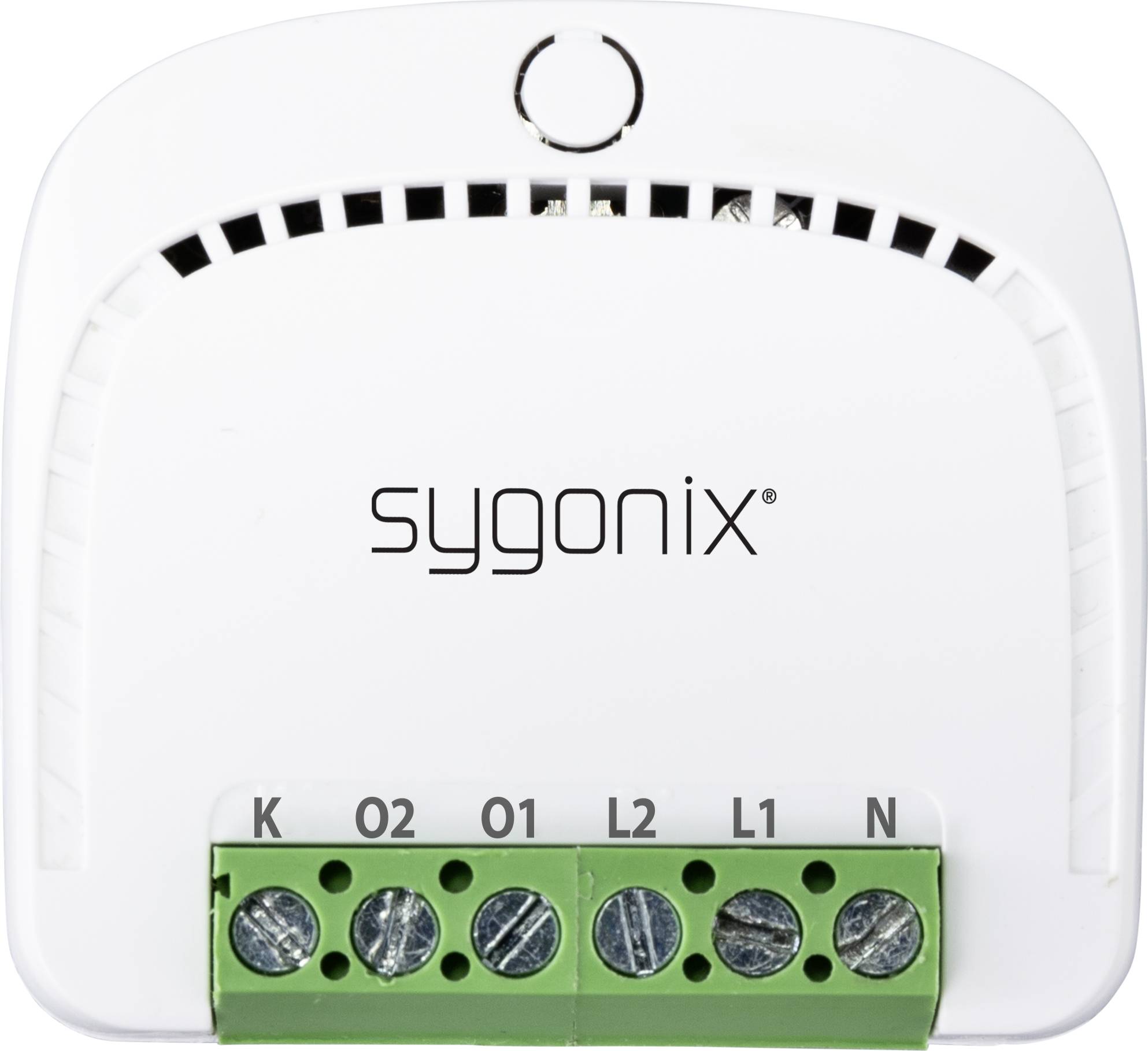 Weiße Sygonix Thermostat-Regler-Abdeckung mit grünen Anschlüssen für Kabel. Geeignet für Heizungssteuerung in Wohnräumen.