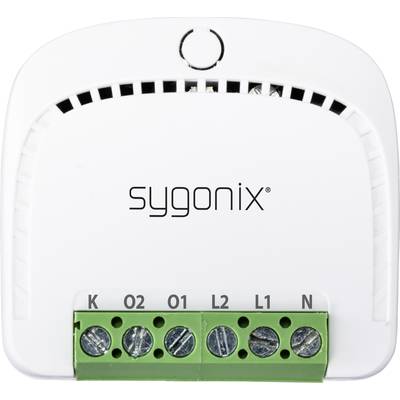 Weiße Sygonix Thermostat-Regler-Abdeckung mit grünen Anschlüssen für Kabel. Geeignet für Heizungssteuerung in Wohnräumen.