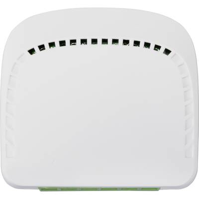 Ein weißes elektronisches Gerät mit Lüftungsschlitzen oben, vermutlich ein Router oder Modem aus Kunststoff.