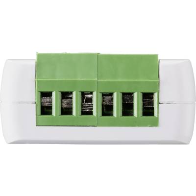 Weiße elektrische Klemme mit vier grünen Anschlüssen, oberer Blickwinkel.