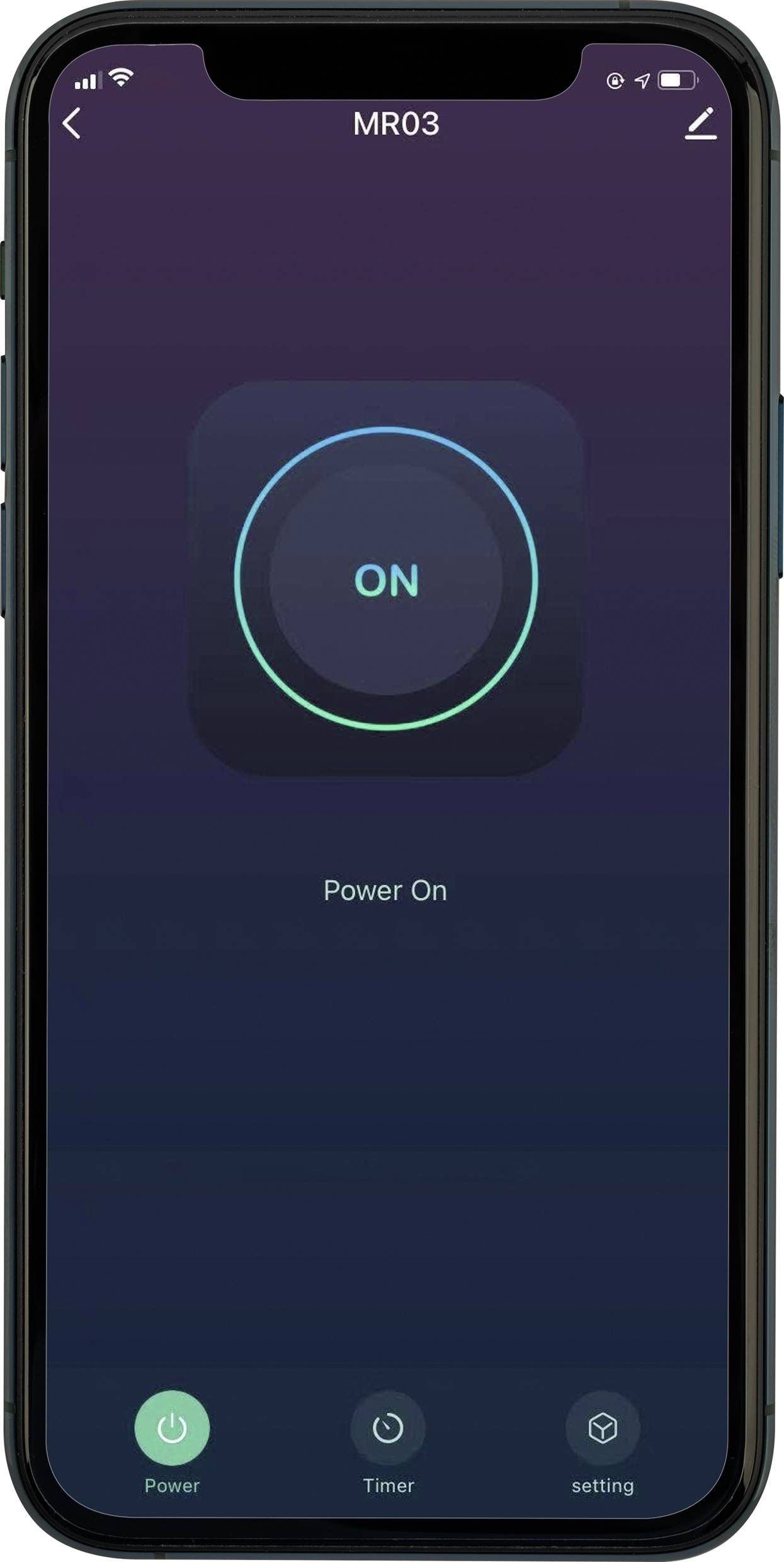 Smartphone-Bildschirm zeigt eine App mit großem 'ON'-Button in der Mitte, um das Gerät mit der Bezeichnung 'MR03' einzuschalten.